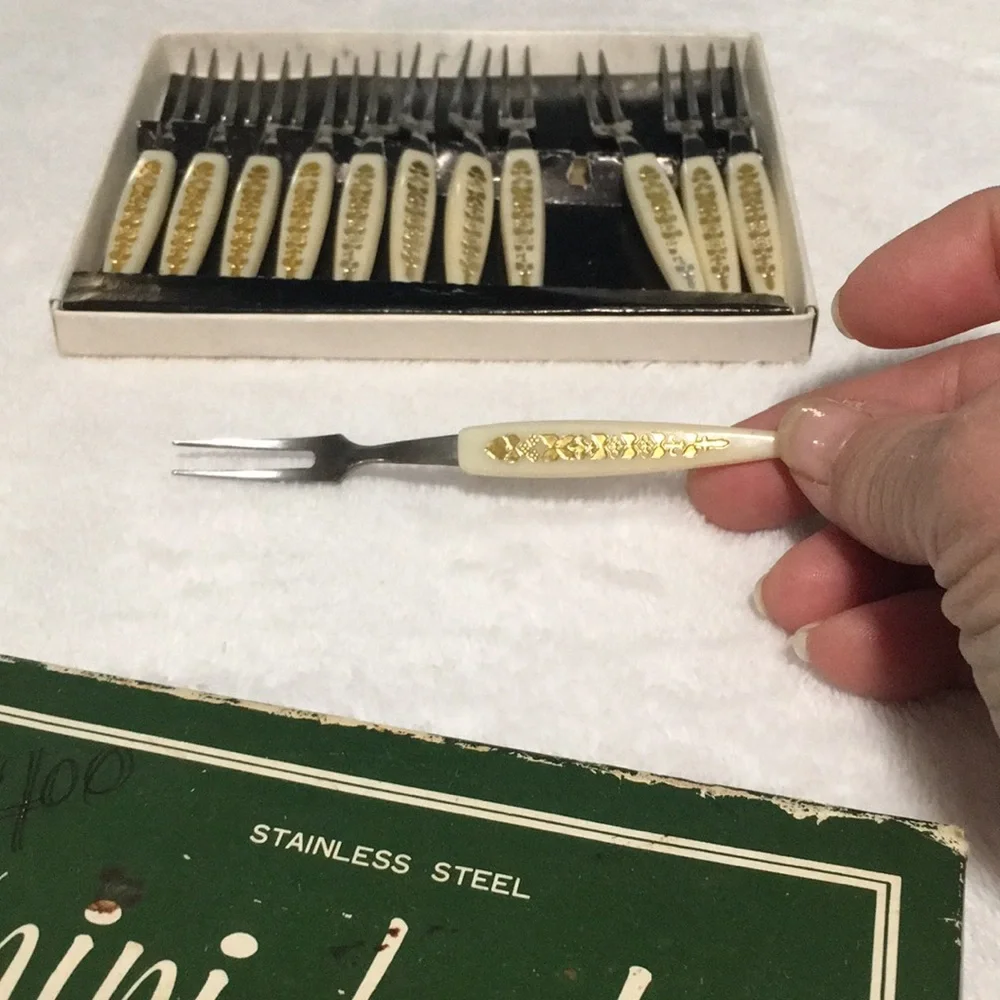 Mini stainless steel forks set of twelve in original box. Vintage
